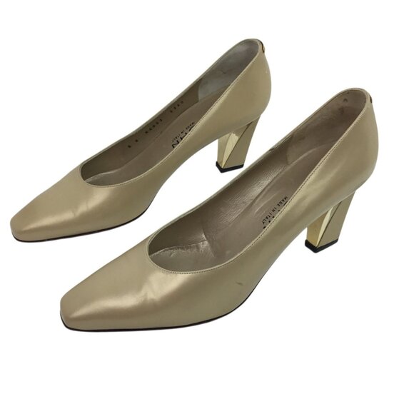 St. John Cynthia Daytime Womens 8B Leather Gold Heel  Pumps Tan Made In Italy - Picture 1 of 14